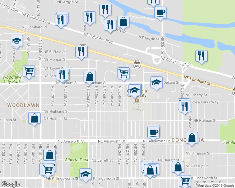 map of restaurants, bars, coffee shops, grocery stores, and more near 6615 Northeast 26th Avenue in Portland
