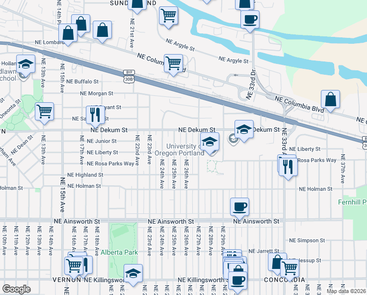 map of restaurants, bars, coffee shops, grocery stores, and more near 6716 Northeast 25th Avenue in Portland