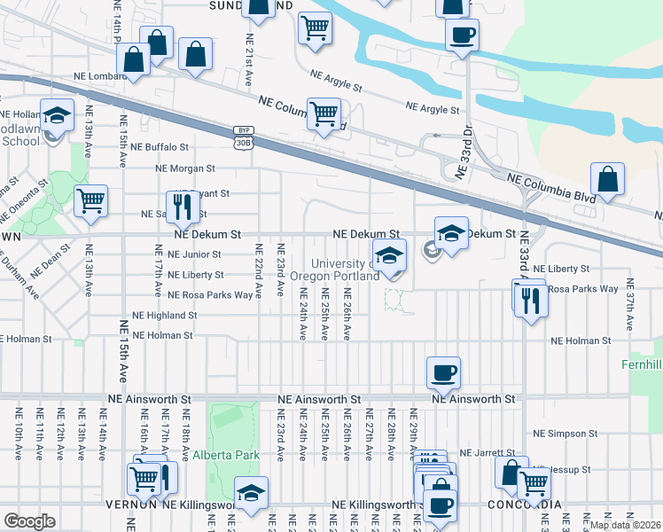 map of restaurants, bars, coffee shops, grocery stores, and more near 6716 Northeast 25th Avenue in Portland