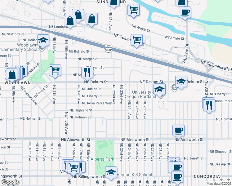 map of restaurants, bars, coffee shops, grocery stores, and more near 6716 Northeast 22nd Avenue in Portland