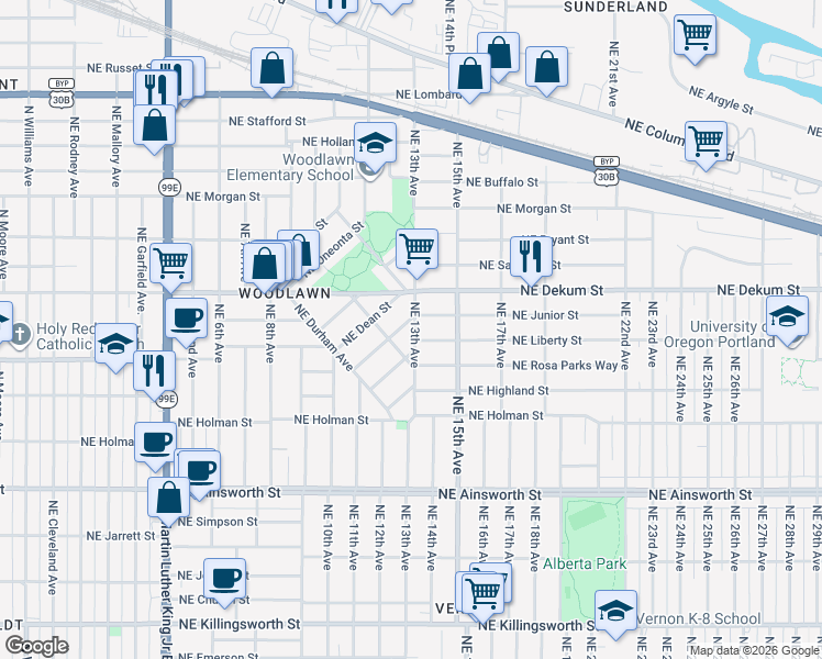 map of restaurants, bars, coffee shops, grocery stores, and more near 6711 Northeast 13th Avenue in Portland