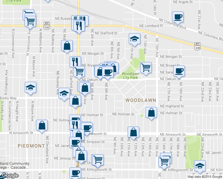 map of restaurants, bars, coffee shops, grocery stores, and more near 6669 Northeast Durham Avenue in Portland