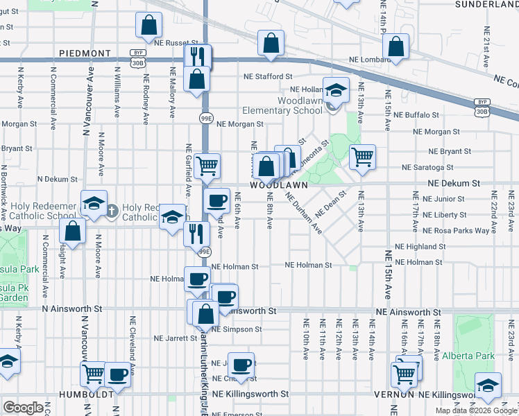 map of restaurants, bars, coffee shops, grocery stores, and more near 704 Northeast Dekum Street in Portland