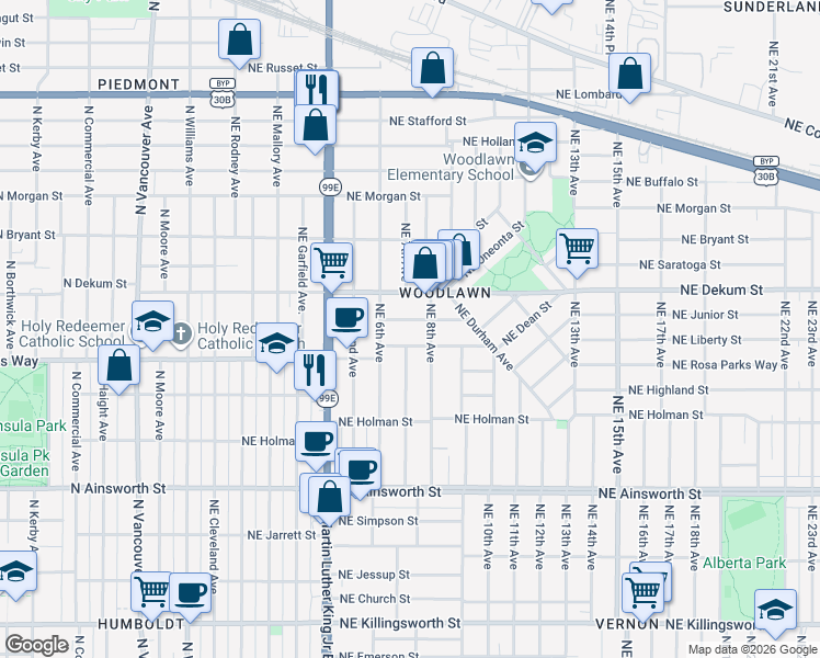 map of restaurants, bars, coffee shops, grocery stores, and more near 704 Northeast Dekum Street in Portland