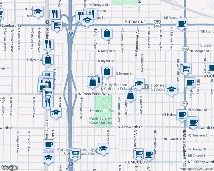 map of restaurants, bars, coffee shops, grocery stores, and more near 6721 North Kerby Avenue in Portland