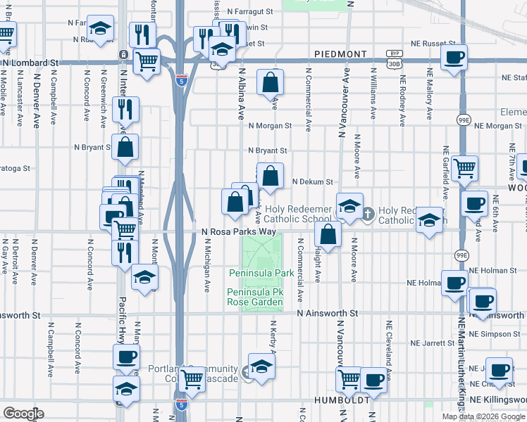 map of restaurants, bars, coffee shops, grocery stores, and more near 6721 North Kerby Avenue in Portland