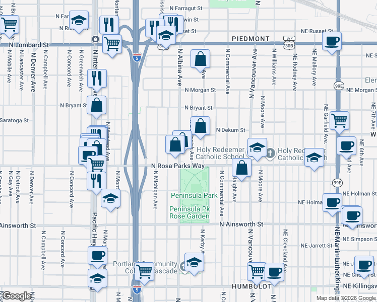 map of restaurants, bars, coffee shops, grocery stores, and more near in Portland