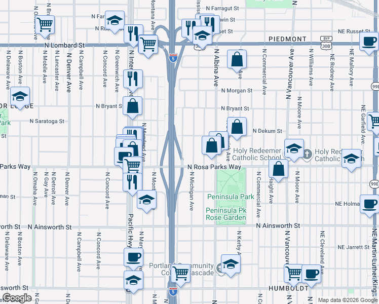 map of restaurants, bars, coffee shops, grocery stores, and more near 6732 North Missouri Avenue in Portland