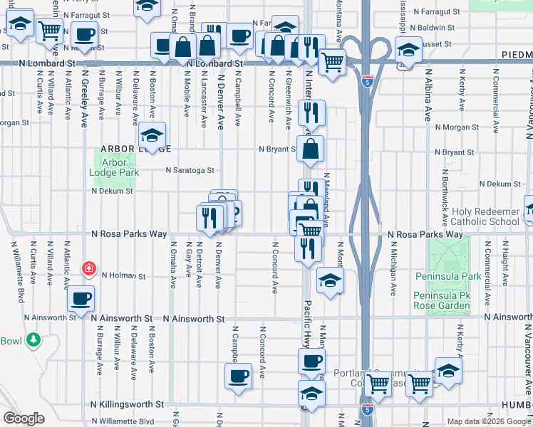 map of restaurants, bars, coffee shops, grocery stores, and more near 1734 North Dekum Street in Portland