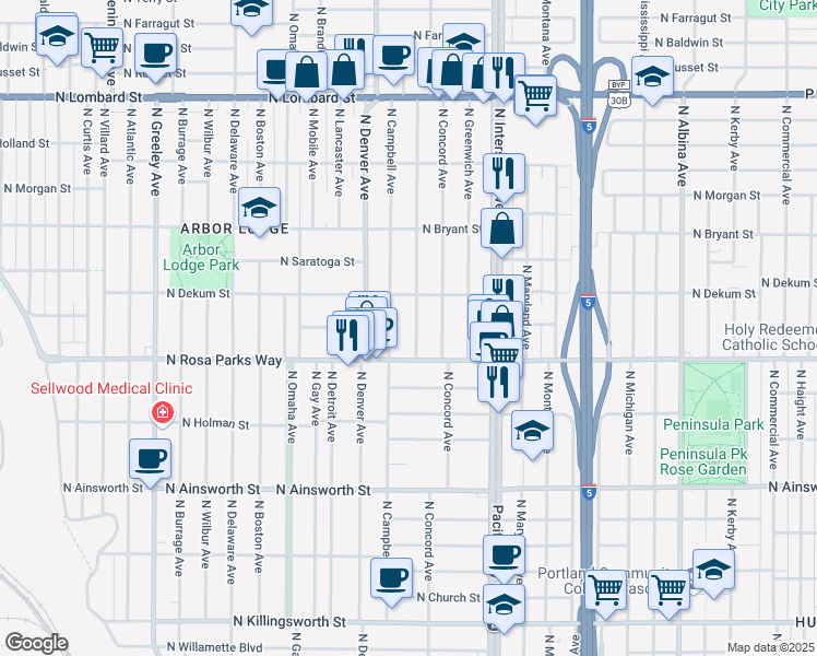 map of restaurants, bars, coffee shops, grocery stores, and more near 1734 North Dekum Street in Portland