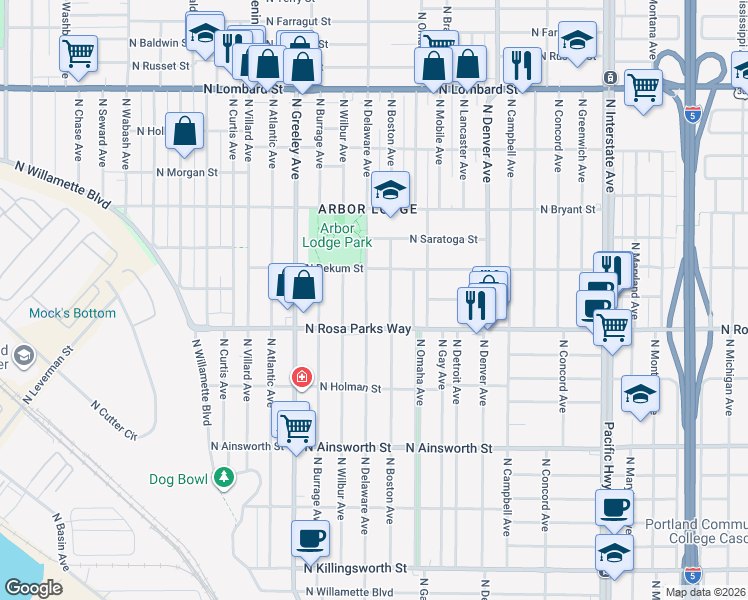 map of restaurants, bars, coffee shops, grocery stores, and more near 2500 North Dekum Street in Portland