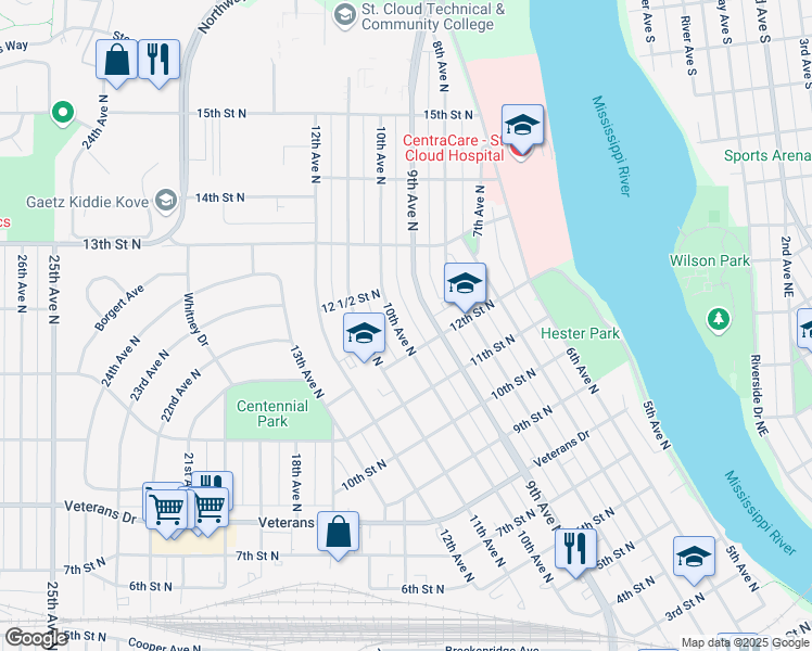 map of restaurants, bars, coffee shops, grocery stores, and more near 1250 10th Avenue North in St. Cloud