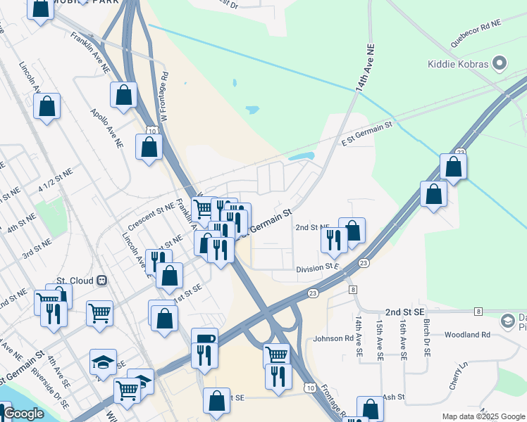 map of restaurants, bars, coffee shops, grocery stores, and more near 1027 East Saint Germain Street in Saint Cloud