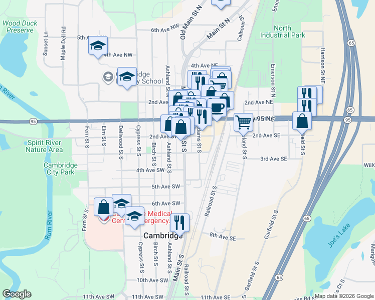 map of restaurants, bars, coffee shops, grocery stores, and more near 129 2nd Avenue Southeast in Cambridge
