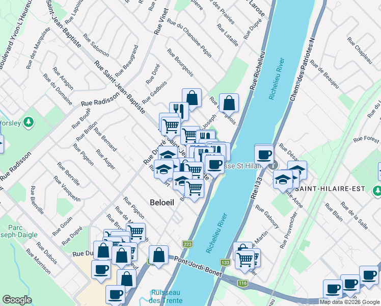 map of restaurants, bars, coffee shops, grocery stores, and more near 910 Rue Guertin in Beloeil