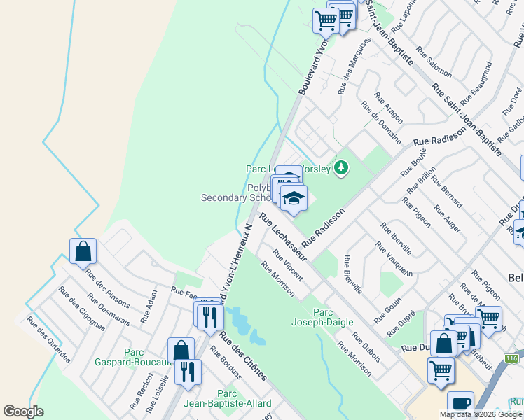 map of restaurants, bars, coffee shops, grocery stores, and more near 741 Rue Lechasseur in Beloeil
