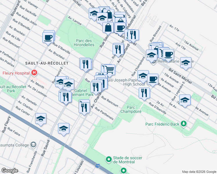 map of restaurants, bars, coffee shops, grocery stores, and more near 9482 Avenue Bruchési in Montréal
