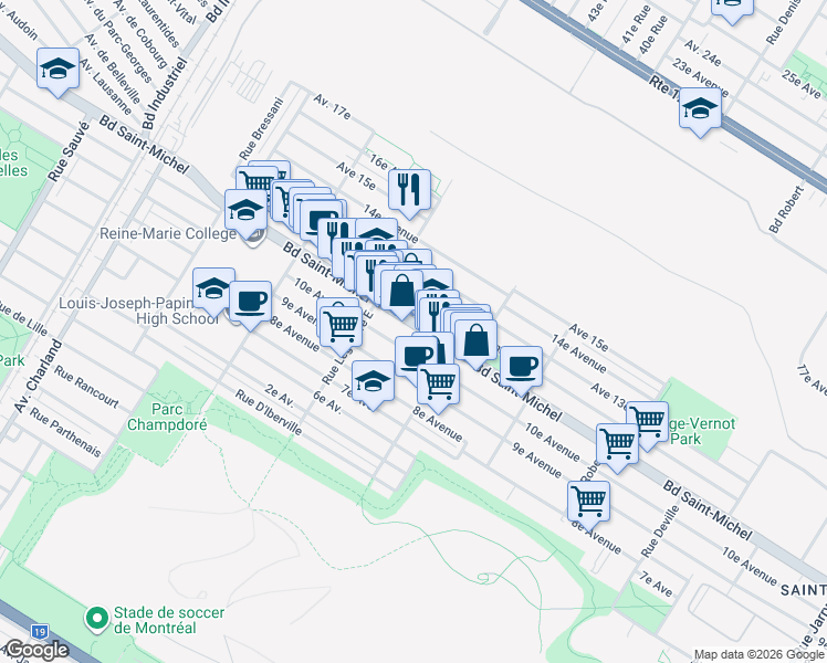 map of restaurants, bars, coffee shops, grocery stores, and more near 8960 Boulevard Saint-Michel in Montréal