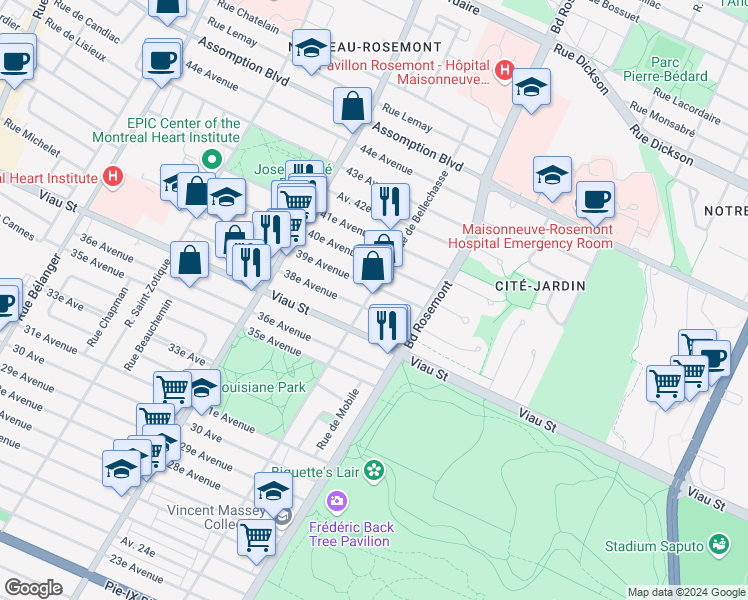 map of restaurants, bars, coffee shops, grocery stores, and more near 5060 Rue de Bellechasse in Montréal