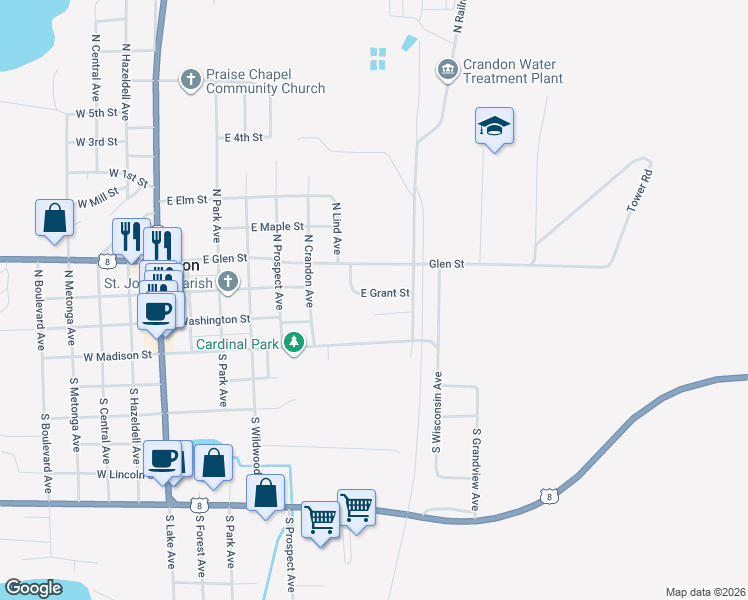 map of restaurants, bars, coffee shops, grocery stores, and more near 903 East Grant Street in Crandon