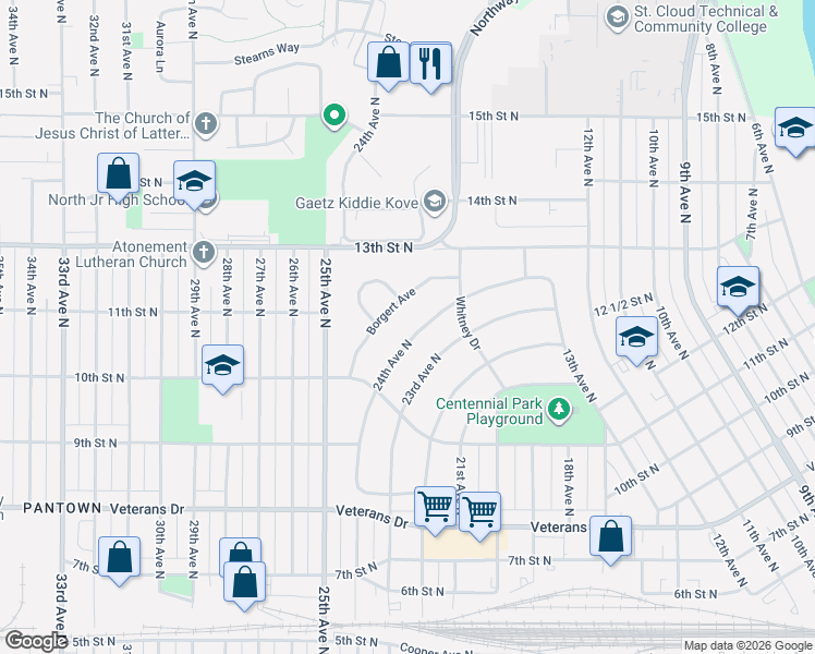 map of restaurants, bars, coffee shops, grocery stores, and more near 1033 Borgert Avenue in St. Cloud