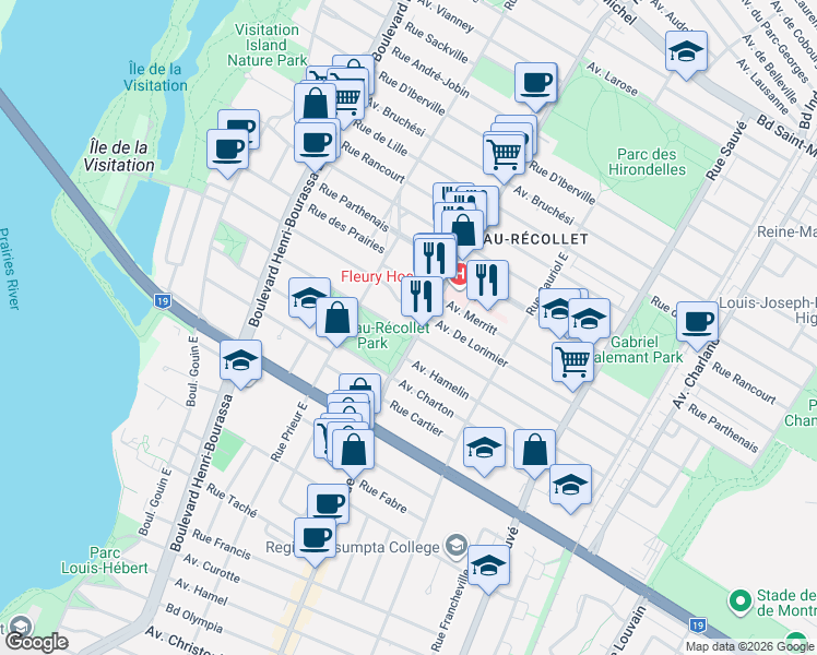 map of restaurants, bars, coffee shops, grocery stores, and more near 10315 Rue de Saint-Firmin in Montréal