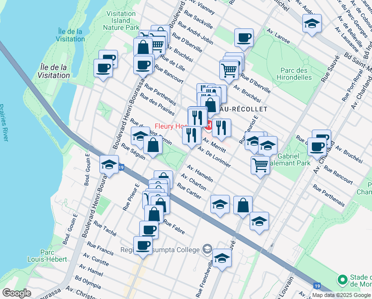 map of restaurants, bars, coffee shops, grocery stores, and more near 10315 Rue de Saint-Firmin in Montréal