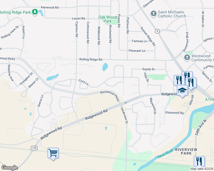 map of restaurants, bars, coffee shops, grocery stores, and more near 6084 Mountain Ash Street North in Saint Cloud