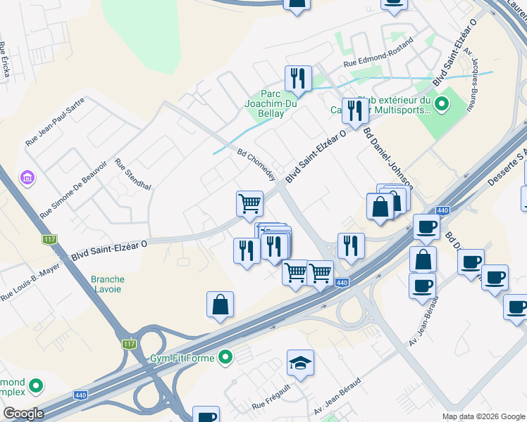 map of restaurants, bars, coffee shops, grocery stores, and more near 3400 Boulevard Saint-Elzéar Ouest in Laval