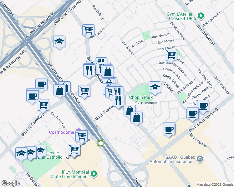 map of restaurants, bars, coffee shops, grocery stores, and more near 2105 Boulevard le Corbusier in Laval