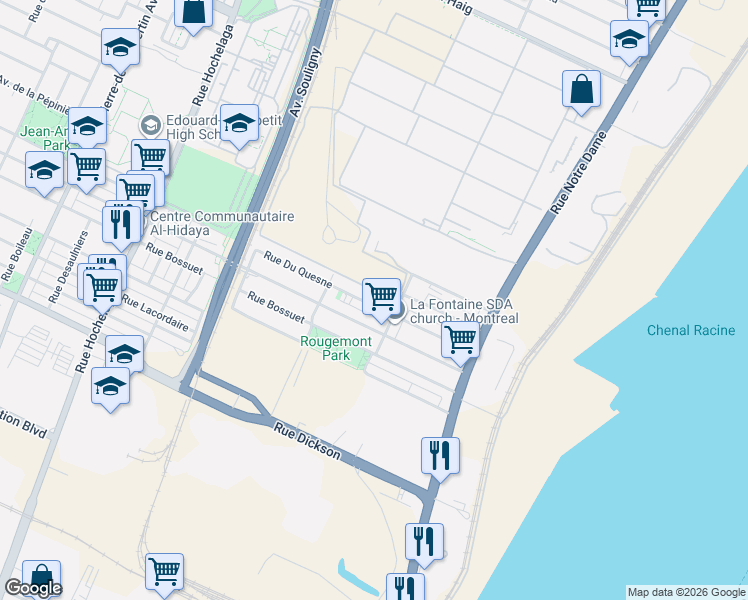map of restaurants, bars, coffee shops, grocery stores, and more near 1869 Rue Du Quesne in Montréal