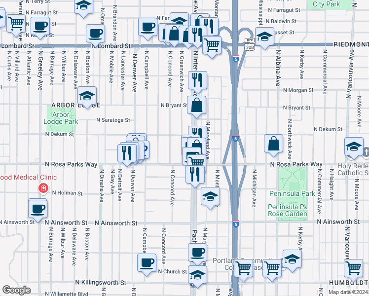 map of restaurants, bars, coffee shops, grocery stores, and more near 1604 North Dekum Street in Portland