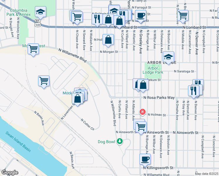map of restaurants, bars, coffee shops, grocery stores, and more near 6716 North Oatman Avenue in Portland