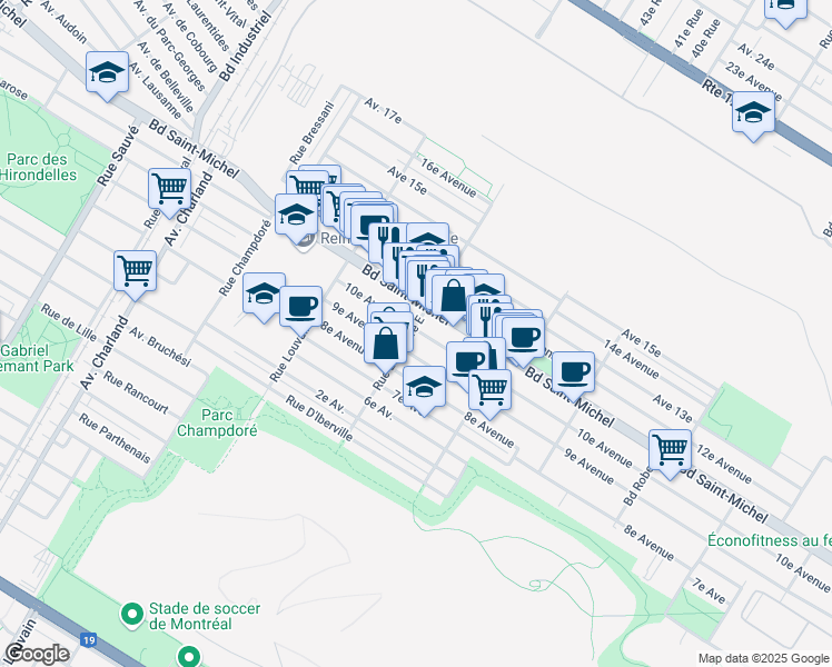 map of restaurants, bars, coffee shops, grocery stores, and more near 9036 10e Avenue in Montréal