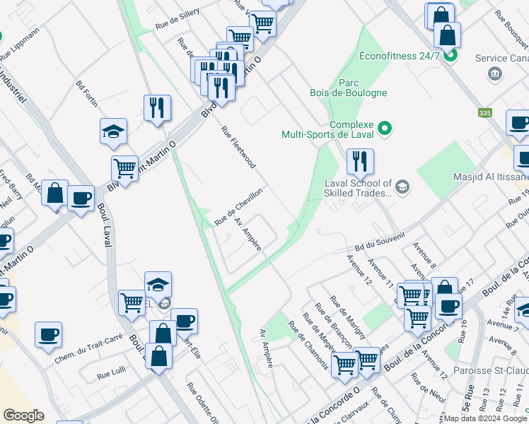 map of restaurants, bars, coffee shops, grocery stores, and more near 540 Rue de Périgueux in Laval