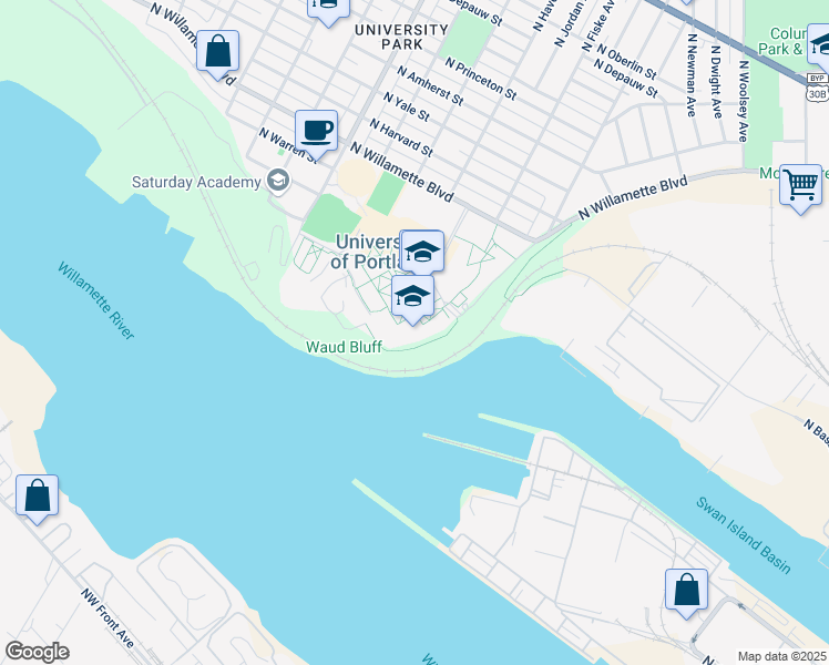 map of restaurants, bars, coffee shops, grocery stores, and more near 5000 N Willamette Blvd in Portland