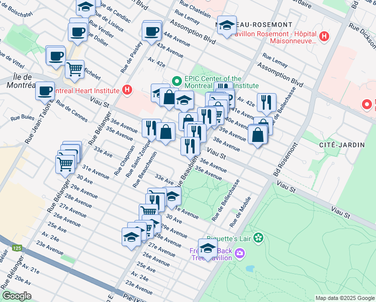 map of restaurants, bars, coffee shops, grocery stores, and more near 6535 36e Avenue in Montréal