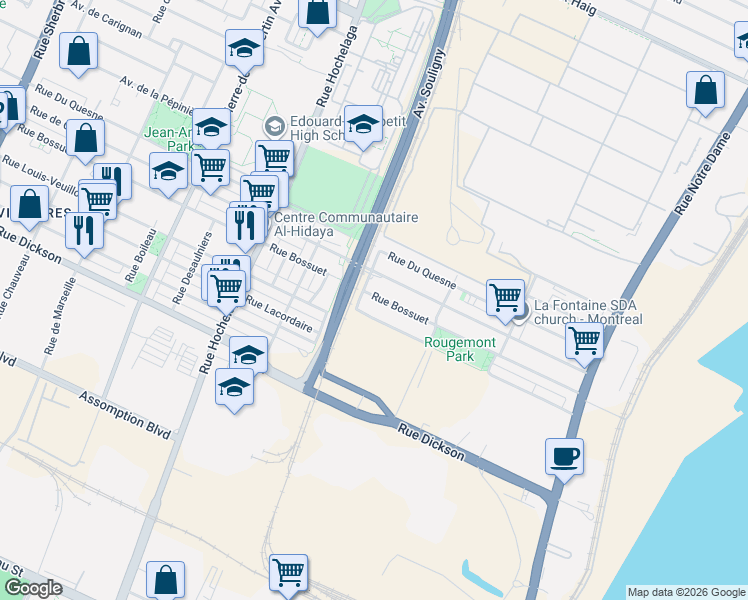 map of restaurants, bars, coffee shops, grocery stores, and more near 2138 Rue Bossuet in Montréal