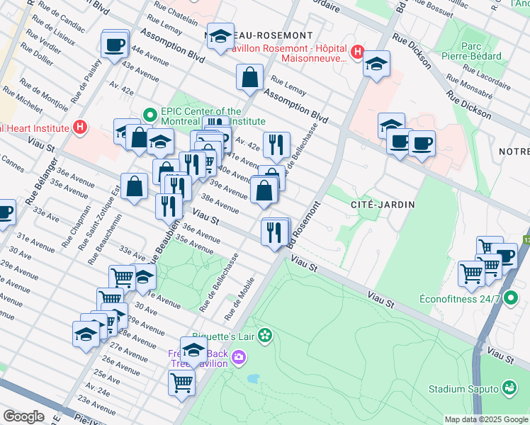 map of restaurants, bars, coffee shops, grocery stores, and more near 5076 Rue de Bellechasse in Montreal