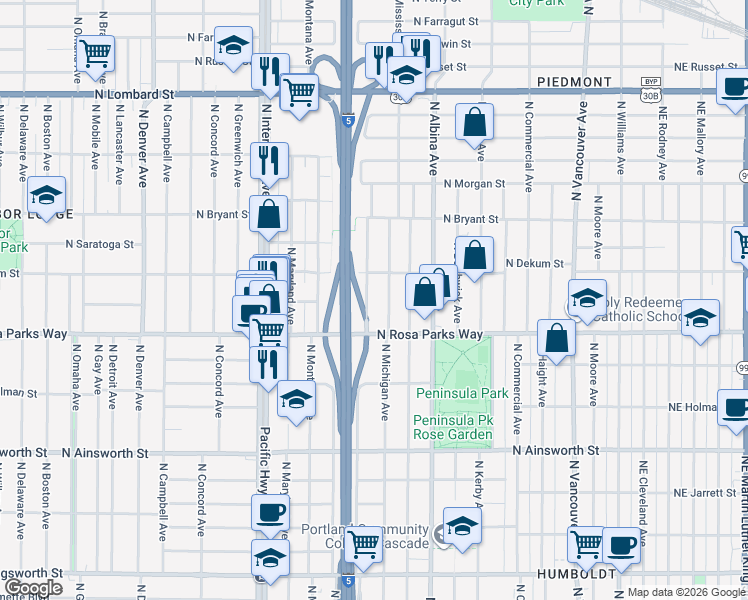 map of restaurants, bars, coffee shops, grocery stores, and more near 6732 North Missouri Avenue in Portland