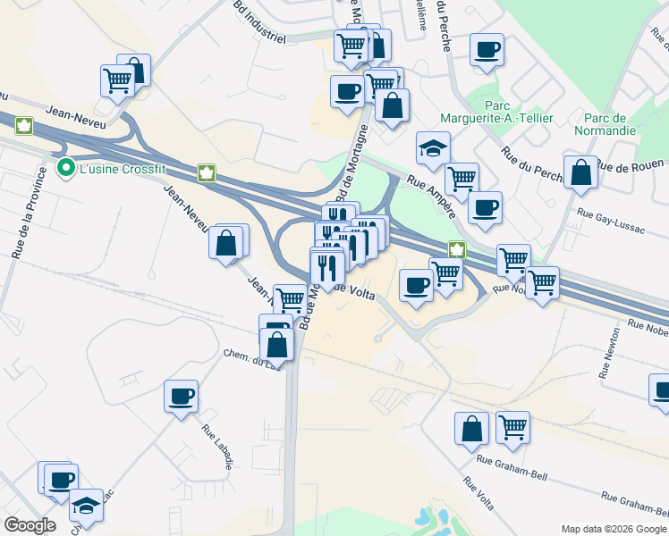 map of restaurants, bars, coffee shops, grocery stores, and more near 1151 Place Nobel in Boucherville