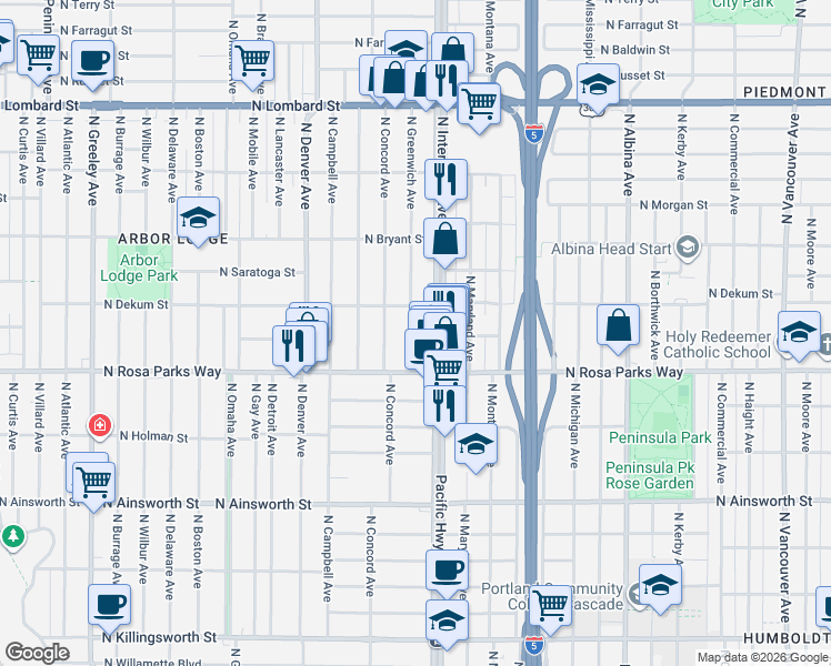 map of restaurants, bars, coffee shops, grocery stores, and more near 1604 North Dekum Street in Portland