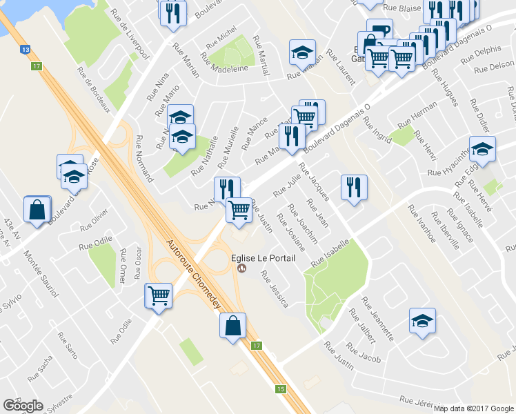 map of restaurants, bars, coffee shops, grocery stores, and more near 3795 Rue Julie in Laval