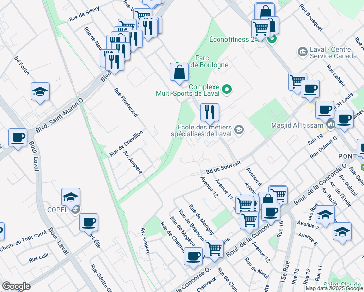 map of restaurants, bars, coffee shops, grocery stores, and more near 732 Place de Monaco in Laval
