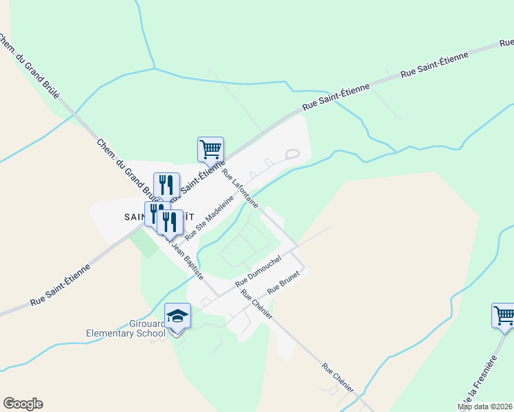 map of restaurants, bars, coffee shops, grocery stores, and more near Rue Lafontaine in Mirabel