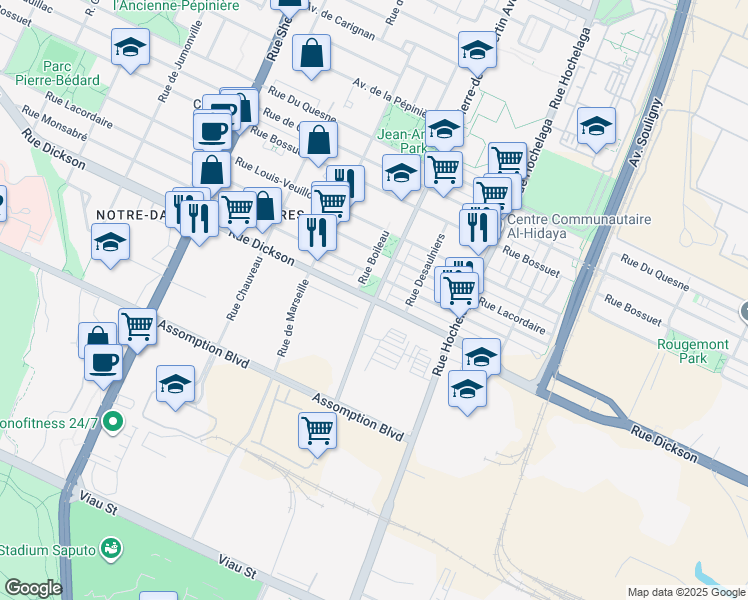 map of restaurants, bars, coffee shops, grocery stores, and more near Rue Dickson in Montréal