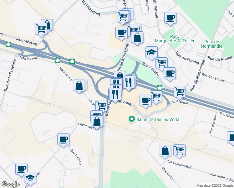 map of restaurants, bars, coffee shops, grocery stores, and more near 1151 Place Nobel in Boucherville