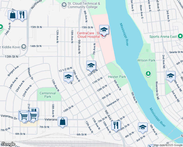 map of restaurants, bars, coffee shops, grocery stores, and more near 809 12th Street North in Saint Cloud