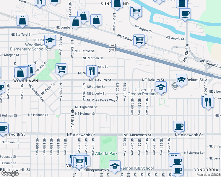 map of restaurants, bars, coffee shops, grocery stores, and more near 2036 Northeast Dekum Street in Portland