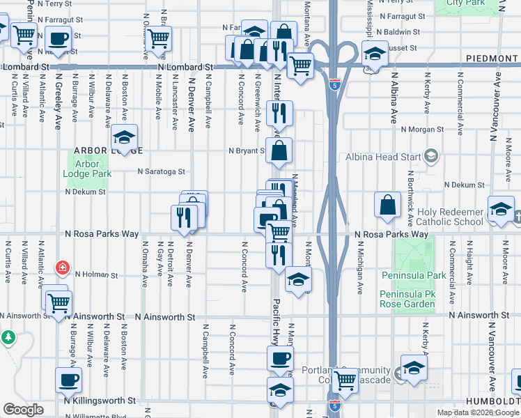 map of restaurants, bars, coffee shops, grocery stores, and more near 1604 North Dekum Street in Portland